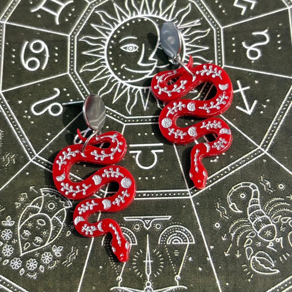 Red and Silver Celestial Snake Earrings